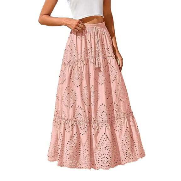 asdoklhq Plaid Dress Womens Lace Embroidery Eyelets Elastic Waist Floating Beach Long Skirt Pink S