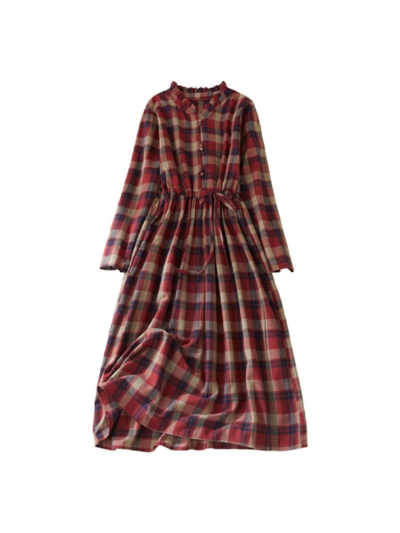 Plaid Dresses Gingham Dress Women's Retro Waist Waist Slim Lace Up Mid Length Plaid Cotton Linen Dress Red L