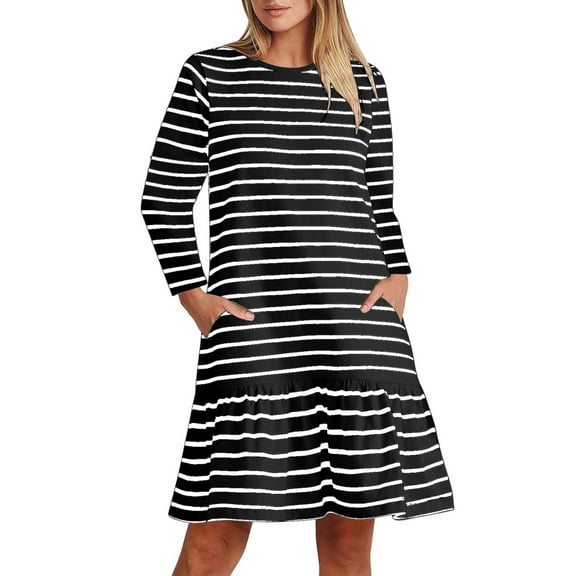 asdoklhq Plaid Dresses for Women Casual Striped Long Sleeved Round Neck Pocket Dress Black XL