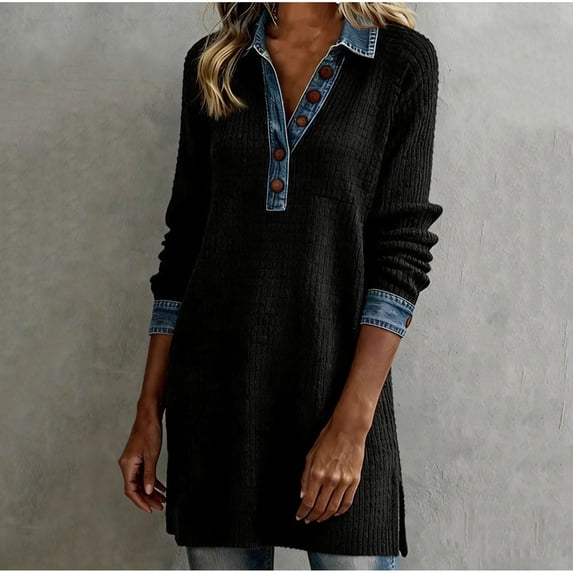 asdoklhq Plaid Dresses for Women Denim Patchwork Long Sleeved Lapel Button Up Dress Black 2X