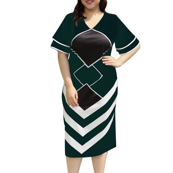 asdoklhq Plaid Dresses for Womens Oversized Printed Flying Sleeve Dress Army Green 2X
