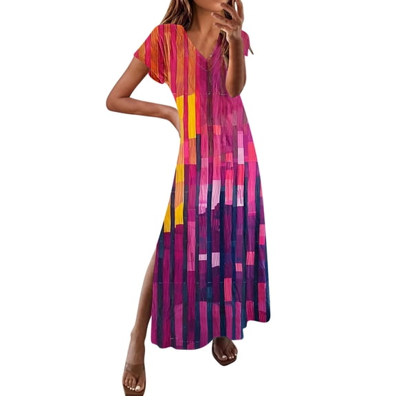 asdoklhq Plaid Dresses for Womens Spring and Summer V-Neck Solid Casual Short Sleeved Long Dress Red S