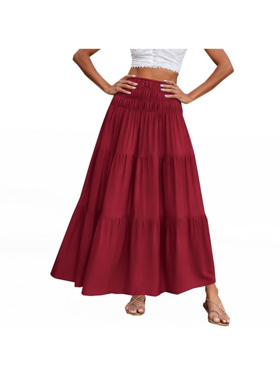 Pleated Flowy Long Skirts Chiffon Maxi Length Women Summer Solid Color Casual Long Skirt with High Waist and Flowing Long Skirt and Half Skirt Red 2X