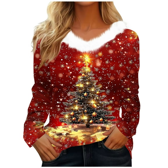 asdoklhq Plus Christmas Sweaters Women's V-Neck Christmas Printing Casual Long Sleeve Fashion Top Blouse Red 3X
