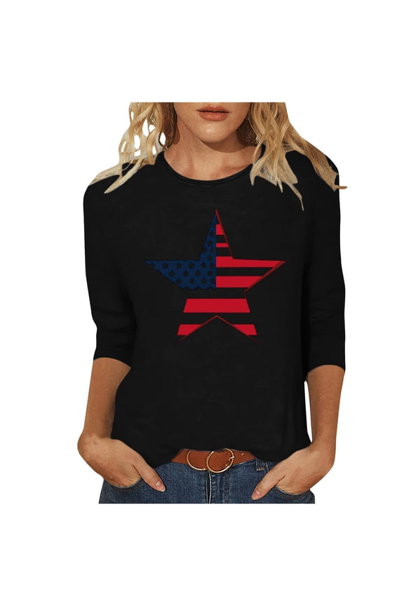 Plus Size 4th Of July Tshirts Graphic Shirts Women's Independence Day Printed Round-neck Three-quarter Sleeve T-shirt Loose Three-quarter Sleeve Round-neck Top/shirt Black 2X