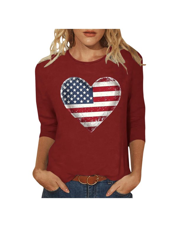 Plus Size 4th Of July Tshirts Graphic Shirts Women's Independence Day Printed Round-neck Three-quarter Sleeve T-shirt Loose Three-quarter Sleeve Round-neck Top/shirt Wine 2X