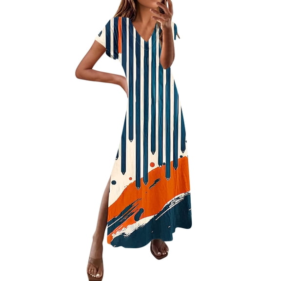 asdoklhq Plus Size Dresses Womens Spring and Summer V-Neck Solid Casual Short Sleeved Long Dress Red M