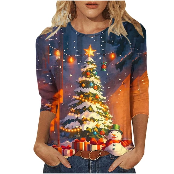 asdoklhq Plus Size Fall Tops Christmas Fashion Women's Casual Print Round Neck 3/4 Sleeve T-shirt Top Blouse Multicolor 2X