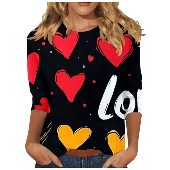 asdoklhq Plus Size Heart T-Shirts Fashionable Women's 3/4 Sleeve Valentine's Day Printed Round Neck Pullover Top Multicolor 3X
