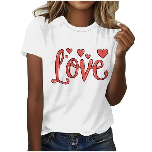 asdoklhq Plus Size Heart T-Shirts Women's Round Neck Print Casual Print Short Sleeved Short Sleeved Round Neck Top/shirt White 5X