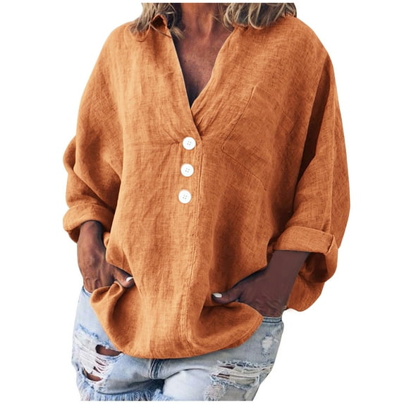 asdoklhq Plus Size Long Blouses, Women Solid Casual Long Sleeve Pocket V-Neck Button Shirt Tops