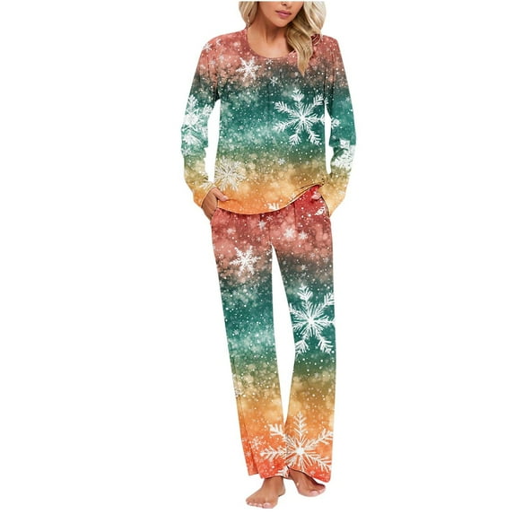 asdoklhq Plus Size Pajamas for Women Set Ladies' Christmas Printed Round Neck Pocket Top Pants Home Clothes Pajamas Set Multicolor XL