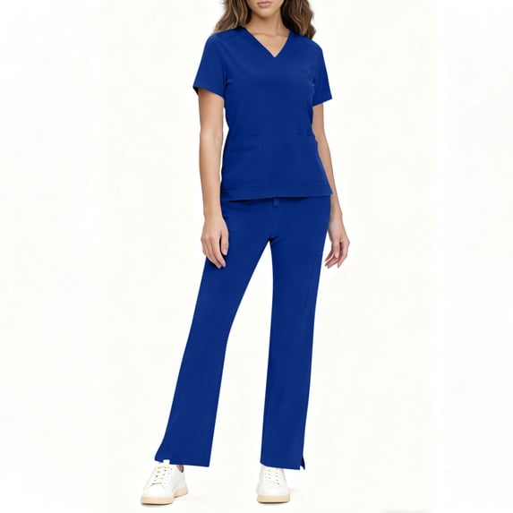 asdoklhq Plus Size Scrubs Cozy Fit Women Solid Color Loose Drawstring Pants Pocket Caregiver Short Sleeve V-Neck Blouses Nursing Uniform Set Blue XL