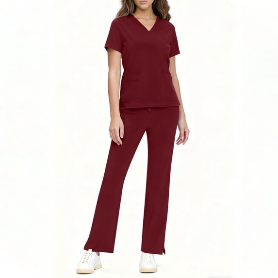 asdoklhq Plus Size Scrubs Cozy Fit Women Solid Color Loose Drawstring Pants Pocket Caregiver Short Sleeve V-Neck Blouses Nursing Uniform Set Wine XL