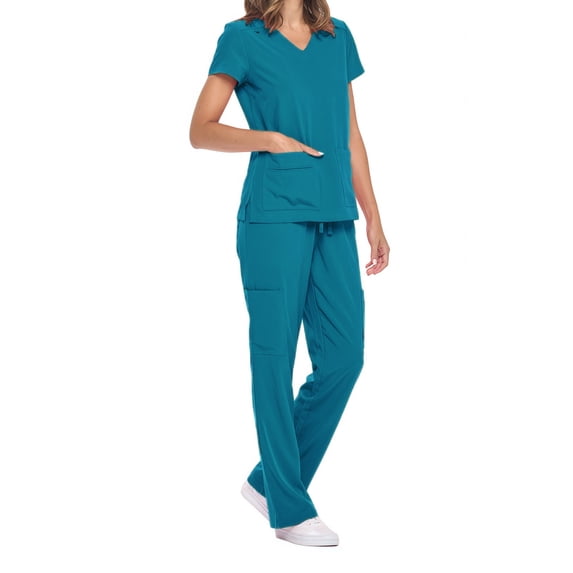 asdoklhq Plus Size Scrubs Cozy Fit Women's V-Neck Top with Drawstring Pocket Pants and Casual Two-Piece Set for Care Workers Sky Blue M