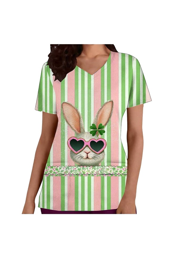Plus Size Shirt Easter Blouse Tops Women's Easter Printed Casual V-neck Short Sleeved Printed Pocket Protective Suit Top Green L