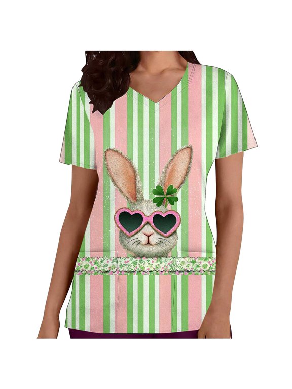 Plus Size Shirt Easter Blouse Tops Women's Easter Printed Casual V-neck Short Sleeved Printed Pocket Protective Suit Top Green L