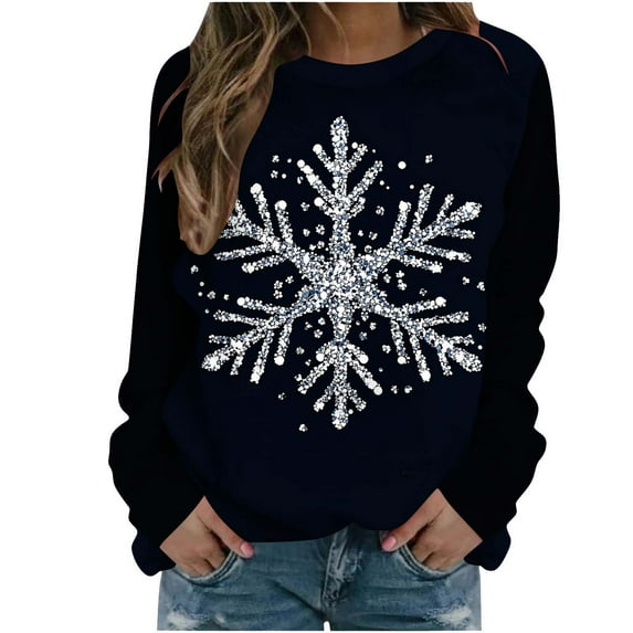asdoklhq Plus Size Sweaters for Women Christmas Fashion Casual Print Round Neck Loose Long Capless Sweatshirt Sleeve Navy 2X