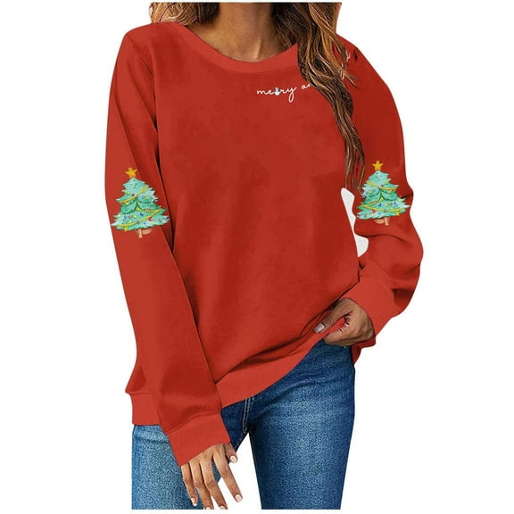 asdoklhq Plus Size Sweaters for Women Christmas Women's Fashion Long Sleeve Round Neck T-Shirt Printing Loose Blouse Hoodless Sweatshirts Top Red XL