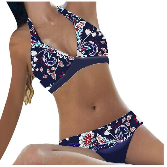 asdoklhq Plus Size Swimsuit Clearance Under $10,Women Flower Printing Backless Bikini Two-Pieces Swimwear Swimsuit Beachwear Set