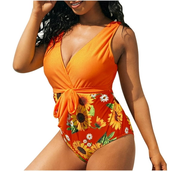 asdoklhq Plus Size Swimsuit for Women,Women's One-Piece Sunflower Print Color Blocking Lace Up Plus Size Overlay Print Bikini Swimsuit