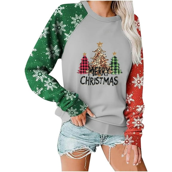 asdoklhq Plus Size Tops Christmas Women's Fashion Christmas Casual Printed Round Neck Long Sleeve Pullover Top Blouse Red 3X