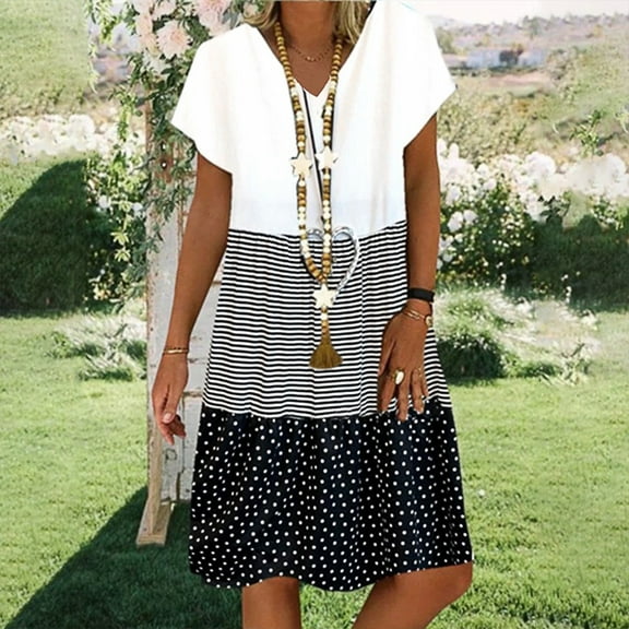 asdoklhq Plus Size Tops for Women, Women Casual Loose Stripe Dot Patchwork V-Neck Short Sleeves Dress