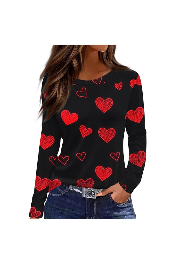 Plus Size Valentine Shirts for Women Fashion Women's Casual Long Sleeve Striped Heart Printing Round Neck Loose T-Shirt Blouse Top Red 3X