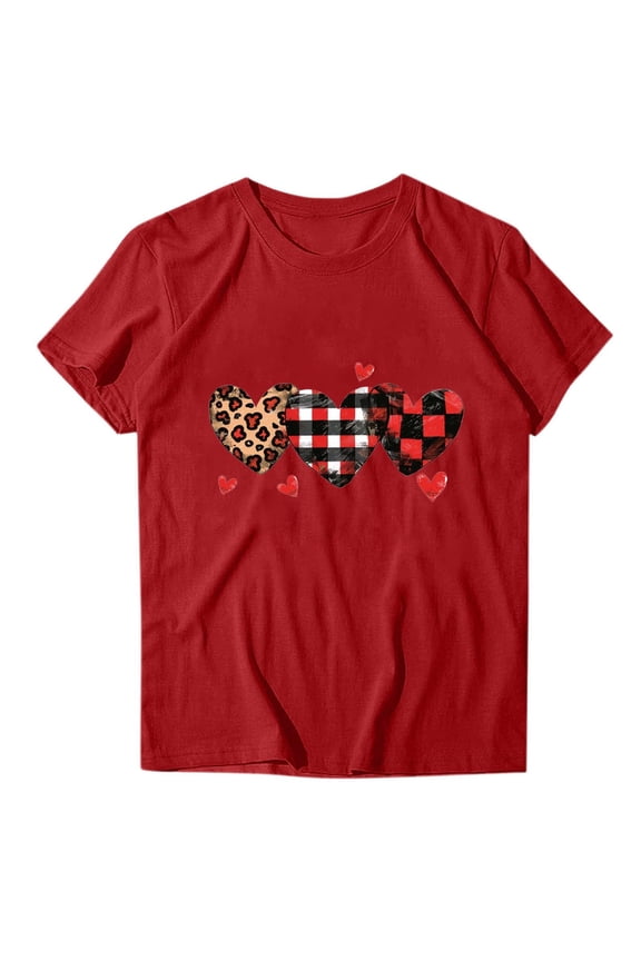 Plus Size Valentine Shirts for Women Fashionable Loose Casual Day Printed Round Neck Short Sleeved T-shirt Red 2X