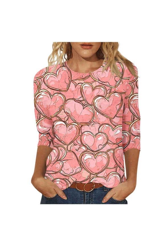Plus Size Valentine Shirts for Women Printing Blouses 3/4 Sleeve Round Neck Pullover Fashionable Top Pink 4X