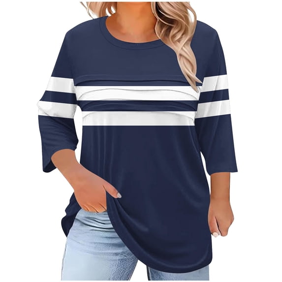 asdoklhq Plus Size Womens Tops 3/4 Sleeve Shirts for Women Casual Fall Fashion Crewneck Pleated Tunic Tops Work Outfit Blouse Plus Size Blue 4X