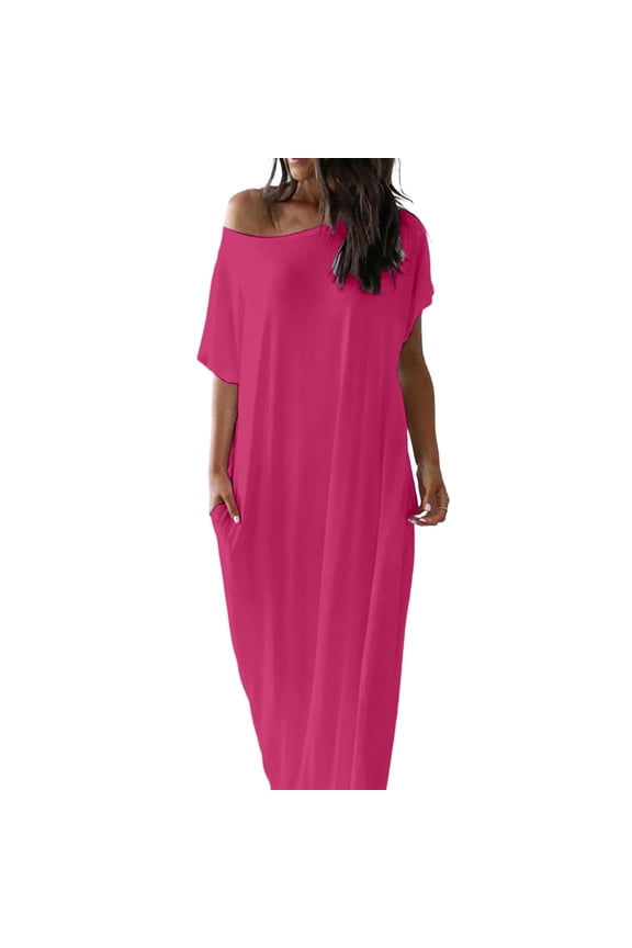 Prom Dress Bridal Shower Dress Prom Dress Midi Dress Women's Solid-Color Loose-Fitting Home Wear - Short Sleeve Round-Neck Ankle-Length Dress Hot Pink 3X