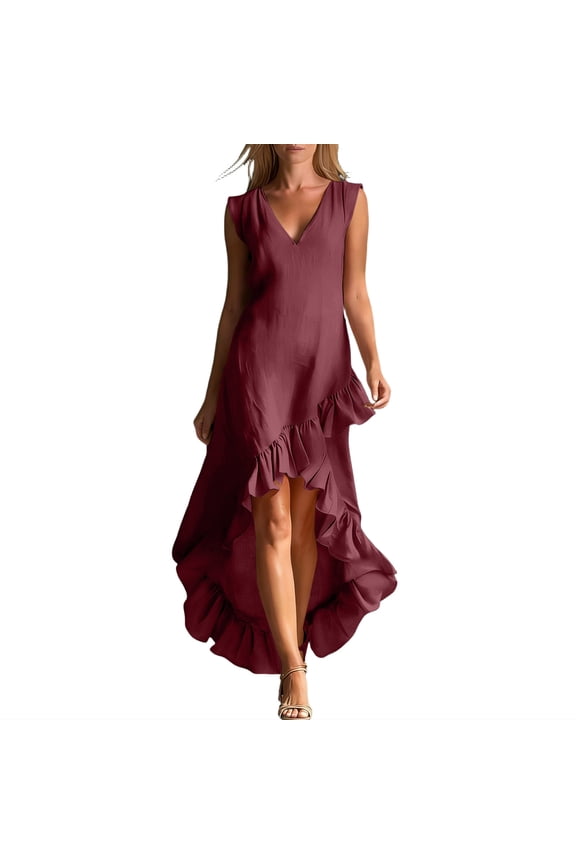 Prom Dress Mother Of The Bride Dresses for Women Vacation Dresses A Line Dress Lady's Summer Casual Sleeveless V-neck Lace Hem Long Dress Wine S