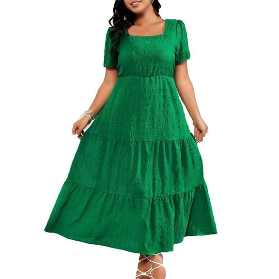 asdoklhq Prom Dresses Women's Plus Size Neck Back Pleated Short Sleeved Pocket Dress Green 3X