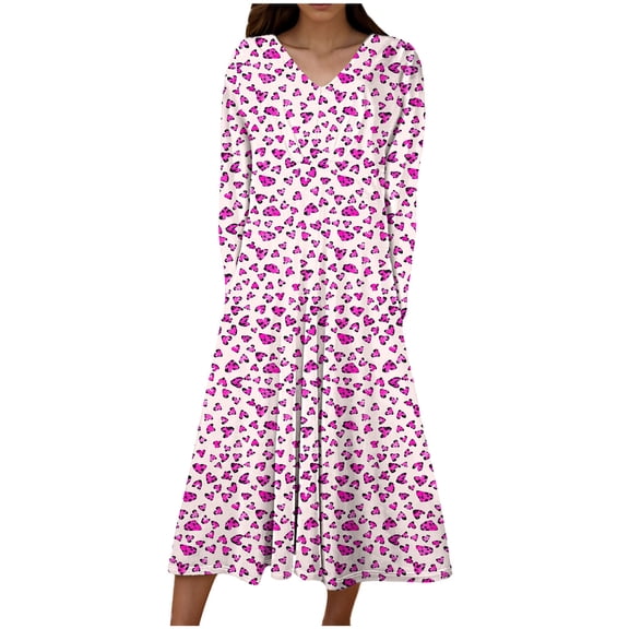 asdoklhq Prom Dresses for Women Short Sleeved V-neck Fashion Print High Waist Mid-Calf V-neck Dress Red 2X