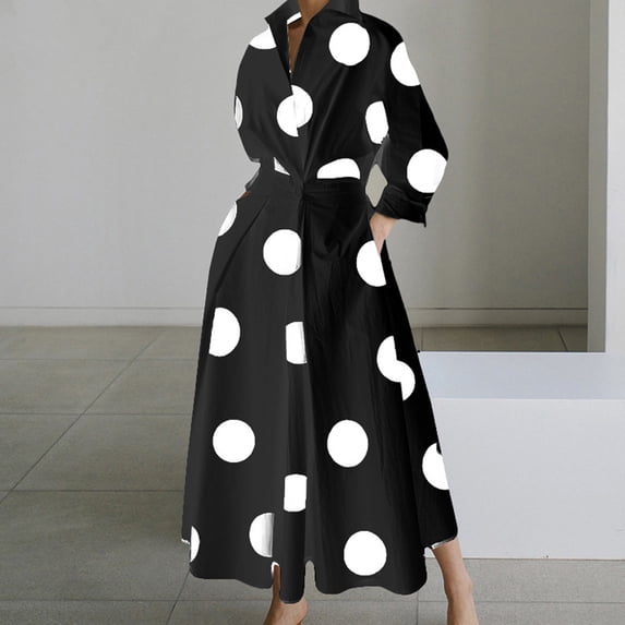 asdoklhq Quinceanera Dresses Linen Dress Casual Turn-down Collar Long Sleeve Waist Printed Long Dresses Black XL