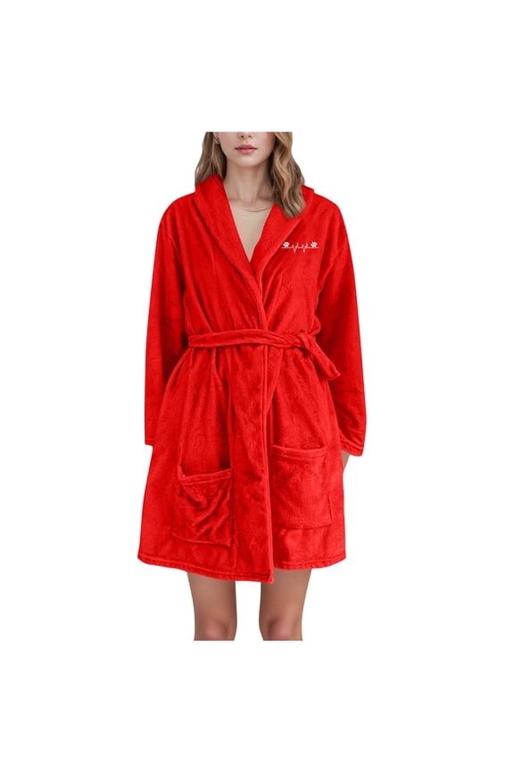 Robes for Women Heart Chest Print Thickened Velvet Home Wearing Flannel Hooded Pajamas Bathrobes Long Pajamas and Pajamas Red L
