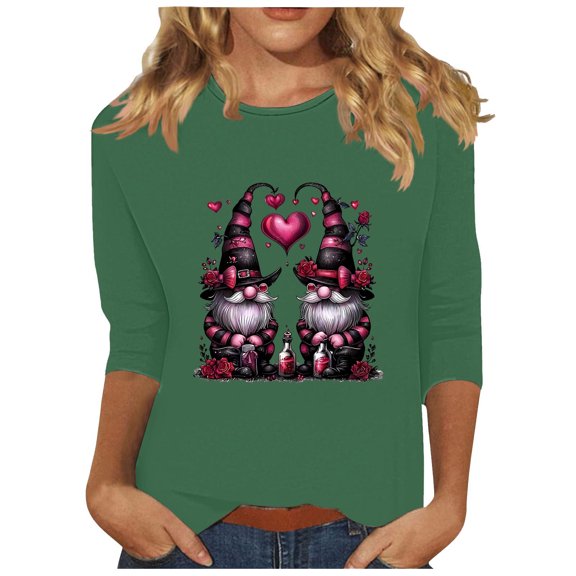 asdoklhq Romantic Valentine's Day T-Shirts Fashionable Women's Pullover Printed Casual Round Neck 3/4 Sleeve Top Green M
