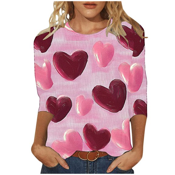 asdoklhq Romantic Valentine's Day Tees for Women Women's Fashion Tees Casual Crewneck 3/4 Sleeve Loose T Shirt Ladies Blouses Shirts Multicolor 4X