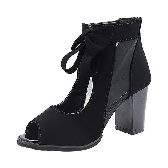 asdoklhq Sandals for Women Bow Sandals Middle Heel Chunky Heel Ladies Mesh Shoes Fashion Versatile Fish Mouth Shoes Black 40