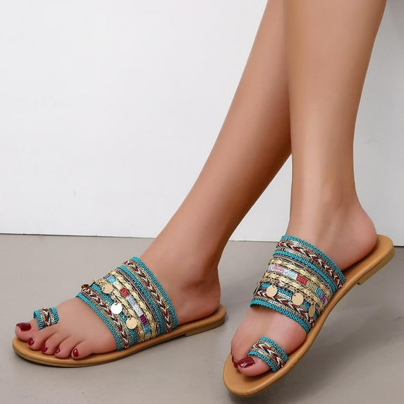 asdoklhq Sandals for Women Clearance Under $10,Summer Sandals New Metal Decorative Sequins Slip-toe Flat Women's Shoes