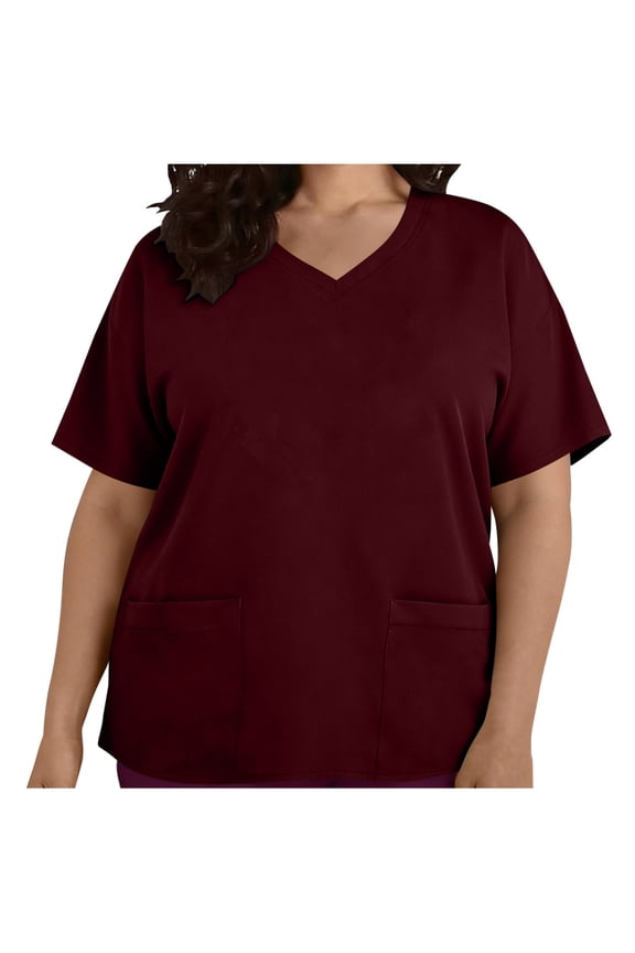 Scrubs Tops for Women Tshirts with Pocket Plus Size Women's Fashion Pullover Short Sleeve Pocket Care Worker Uniform T-shirt V-neck Top Shirt Wine 4X
