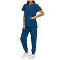 thumbnail image 1 of asdoklhq Scrubs for Women Cozy Fit Women's Solid Color Protective Work Clothes Loose Side Slit Pocket Protective Work Short Sleeve V-neck Button Up Top Drawstring Jogger Set Sky Blue S, 1 of 8