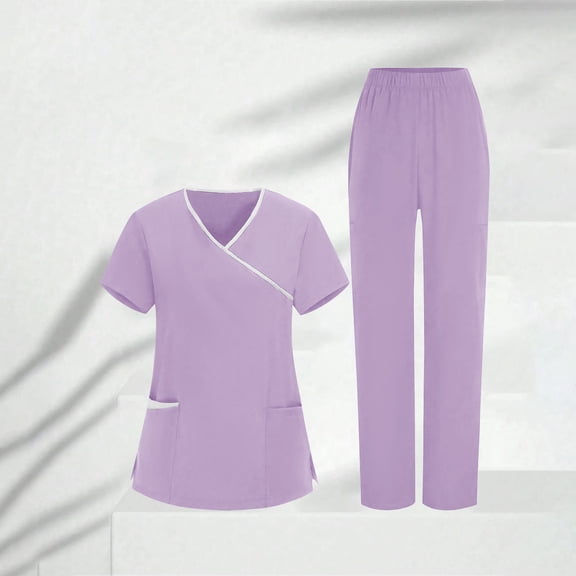 asdoklhq Scrubs for Women Cozy Fit Women's Nurses Sets Tunic Uniform Clinic Carer V-Neck Protective Clothing and Pants Set Purple 3X