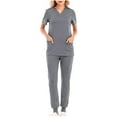 thumbnail image 1 of asdoklhq Scrubs for Women Solid Color Loose Drawstring Pants Pocket Caregiver Short Sleeve V-Neck Blouses Nursing Uniform Set Gray L, 1 of 2