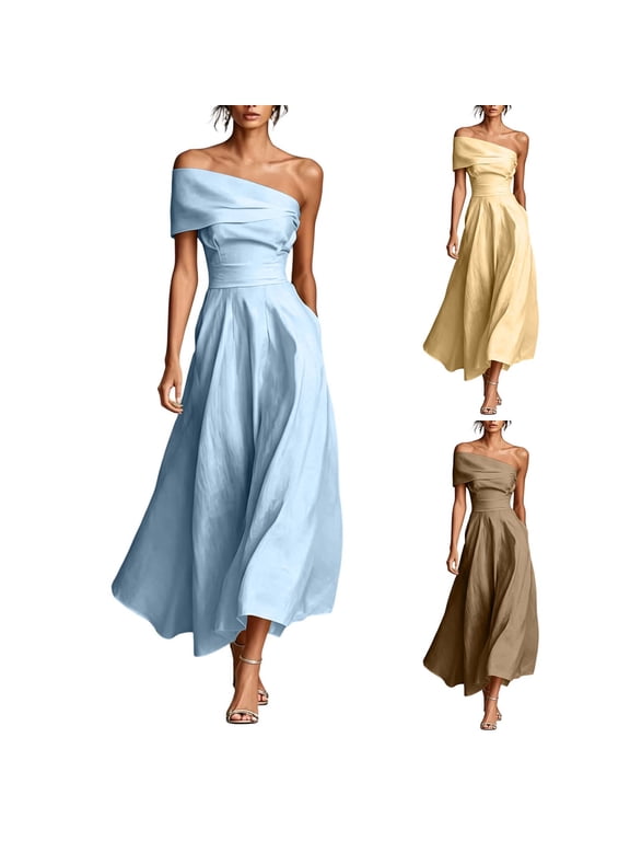 Semi Formal Dresses for Women Wedding Bride Maxi Hem Summer Asymmetrical Neck Splicing Mid Waist A Line Dress Khaki M