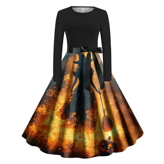 asdoklhq Semi formal Dresses for Women Halloween Printed Round Neck Long Sleeve Dress Multicolor S