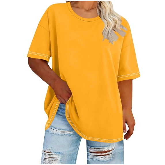 asdoklhq Shirts for Women Casual Oversized Women's Plus Size Round Neck Short Sleeved Spring/Summer Basic Shirt T-Shirt Top Yellow 2X