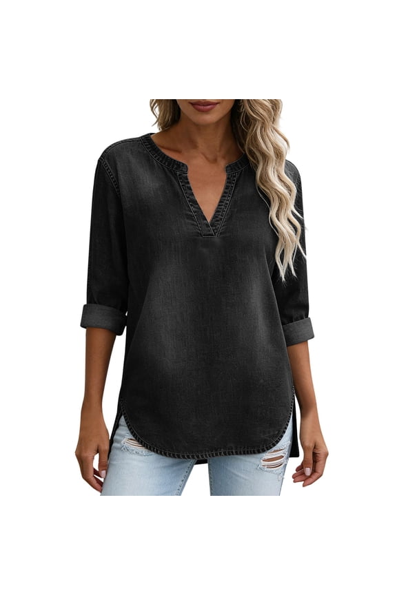 Shirts for Women Casual Women's Denim Blouse Casual V Neck 3/4 Sleeve Loose Tunic Top Vintage Washed Jean Shirt with Side Slit Black 2X