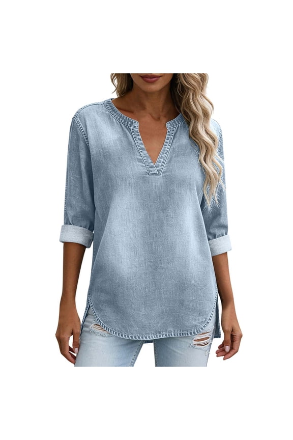 Shirts for Women Casual Women's Denim Blouse Casual V Neck 3/4 Sleeve Loose Tunic Top Vintage Washed Jean Shirt with Side Slit Silver 2X